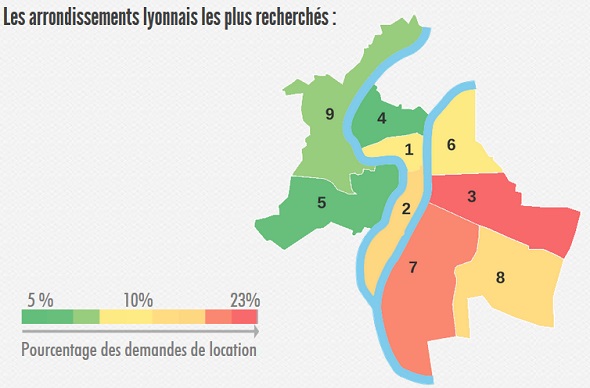 Carte présentant les arrondissements les plus recherchés à Lyon en 2015
