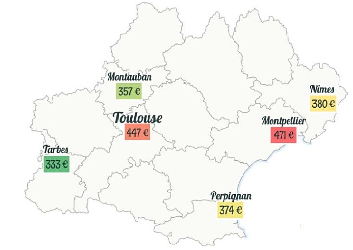 Les loyers moyens, charges comprises, observés en région Languedoc-Roussillon-Midi-Pyrénées pour un studio étudiant.