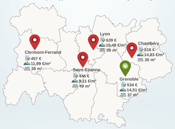 Loyers moyens en région Auvergne-Rhône-Alpes en 2016