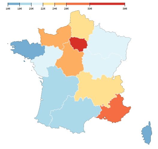 Charges moyennes de copropriété dans les régions françaises en €/m2 carrez/an