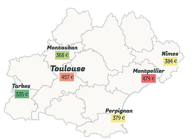 Les loyers moyens, charges comprises, observés en région Languedoc-Roussillon-Midi-Pyrénées pour un studio étudiant.