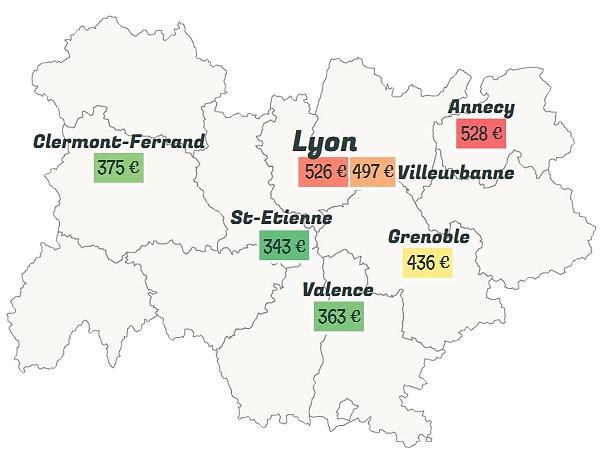 Les loyers moyens, charges comprises, observés en région Auvergne-Rhône-Alpes pour un studio étudiant.