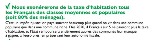 Extrait du programme de Macron expliquant la suppression de la taxe d'habitation pour 80 % des ménages.